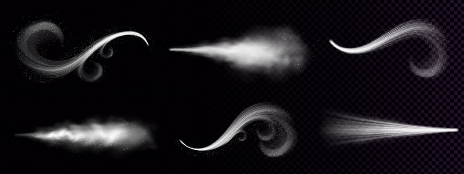 Wind blowing, dust spray, ornate white smoke trail vector