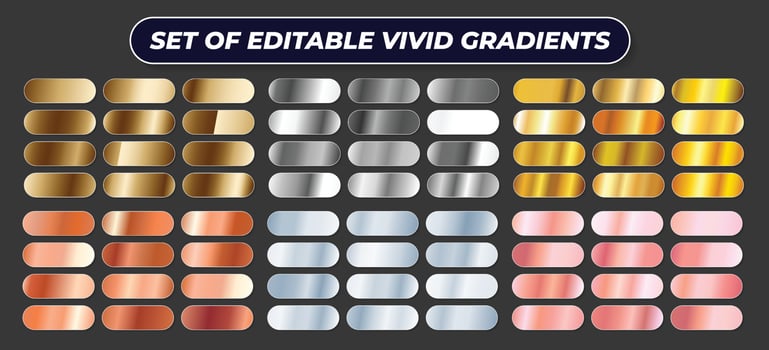 Gold, silver, bronze, rose, beige, metal, copper, brass, chrome, steel colorful gradient textrue backgrounds for frame, ribbon, banner, flyer, card, poster, coin and label, Gradients collection vector