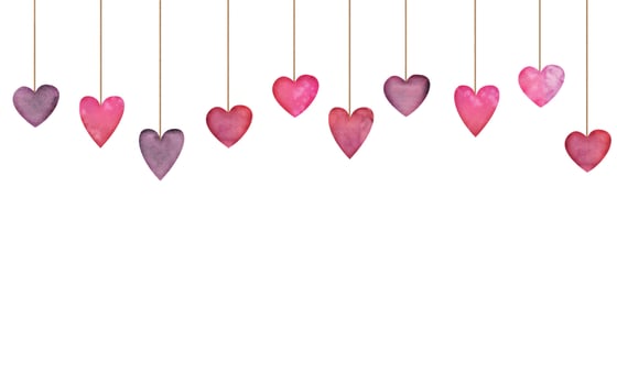 Watercolor hand drawn seamless banner of hanging red and purple hearts for Valentine's day. Isolated on white background. Design for paper, love, greeting cards, textile, print, wallpaper, wedding vector