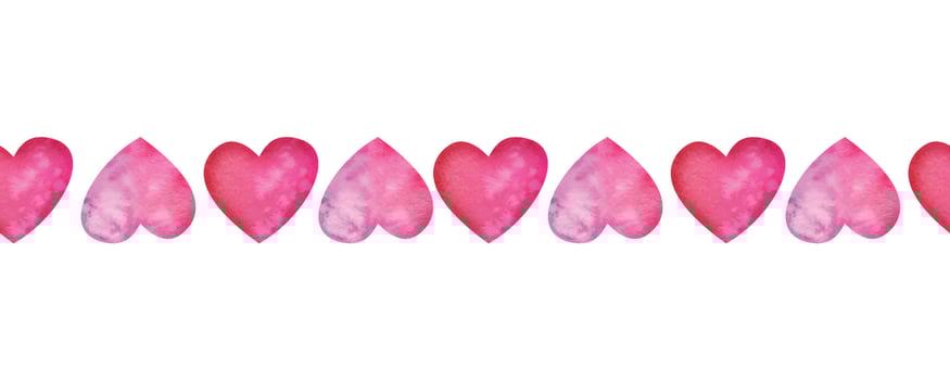 Watercolor hand drawn seamless horizontal banner of red and purple hearts for Valentine's day. Isolated on white background. Design for paper, love, greeting cards, textile, print, wallpaper, wedding vector