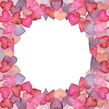 Watercolor hand drawn circle frame of red, purple, pink and scarlet hearts for Valentine's day. Isolated on white background. Design for paper, love and greeting cards, textile, print, wedding vector