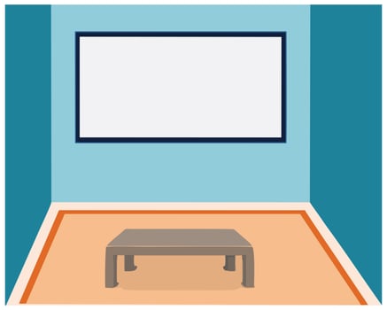 Classroom background with soft and calm blue walls. Against one wall is a large blackboard and a table on a soft and comfortable rug. Presents a comfortable feel in learning vector
