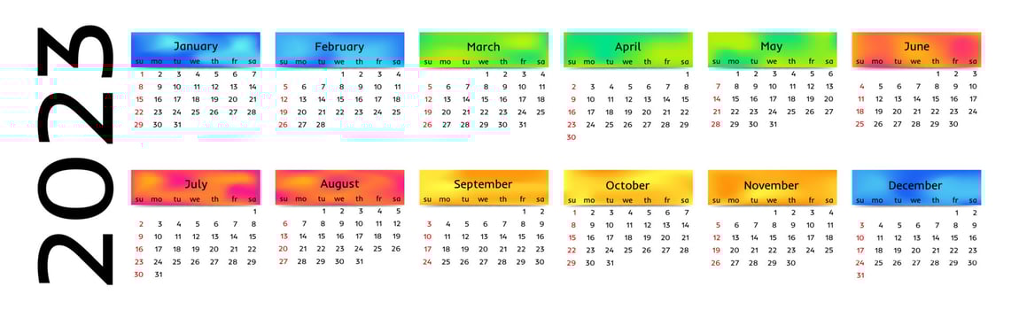 Horizontal calendar for 2023 isolated on a white background. Sunday to Monday, business template. Vector illustration