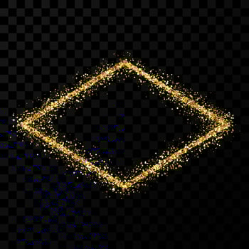 Gold glitter frame. Rhombus frame with shiny sparkles on dark transparent background. Vector illustration