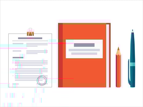 Contract papers. Document with approval stamp. Folder with pen and pencil. Business Vector icons on isolated background. Stack of agreements document.