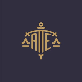 Monogram AE logo for legal firm with geometric scale and sword style vector