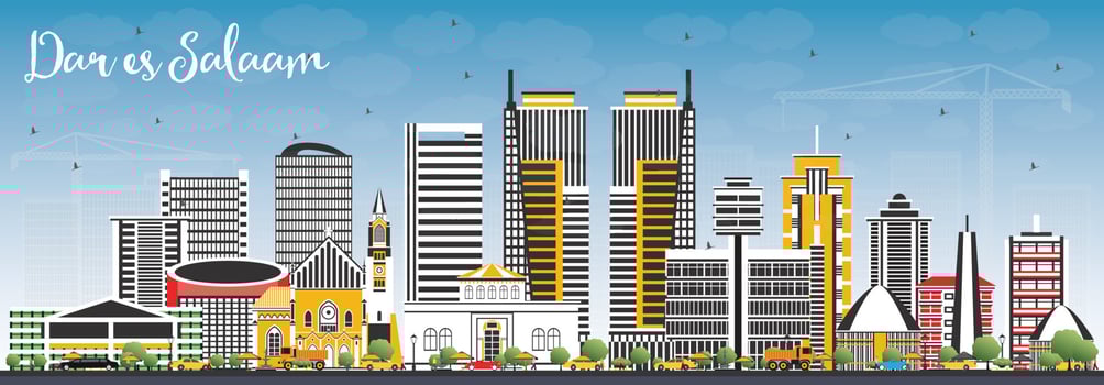 Dar Es Salaam Tanzania Skyline with Color Buildings and Blue Sky. vector