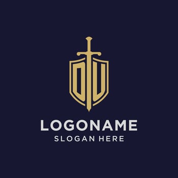 DU logo initial monogram with shield and sword design vector
