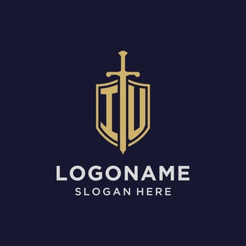 IU logo initial monogram with shield and sword design vector