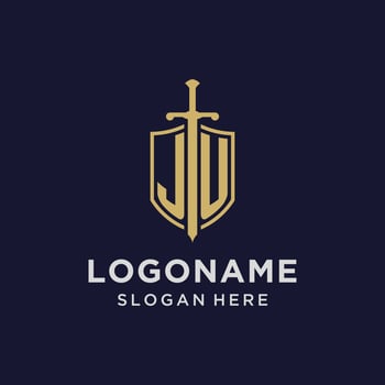 JU logo initial monogram with shield and sword design vector