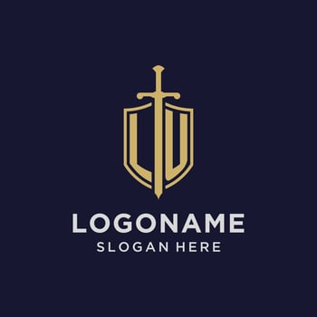 LU logo initial monogram with shield and sword design vector