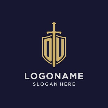 OU logo initial monogram with shield and sword design vector