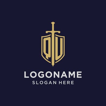 QU logo initial monogram with shield and sword design vector