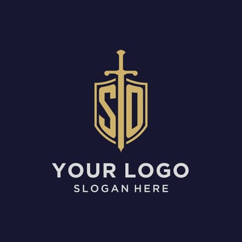 SO logo initial monogram with shield and sword design vector