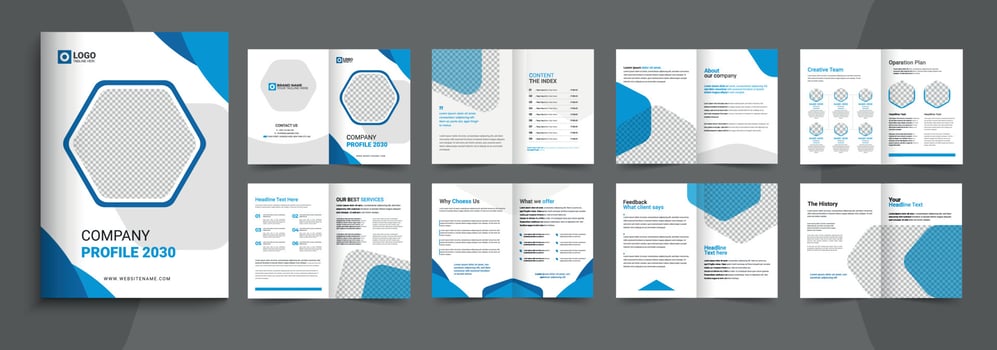 Corporate company profile brochure template design. 16 page corporate brochure editable template layout, minimal business brochure template vector