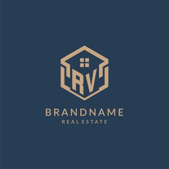 Initial letter RV hexagonal house roof shape icon logo design vector