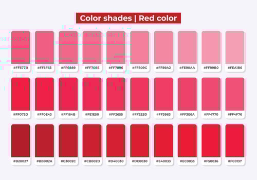 Red color shades with RGB HEX for textile, fashion design, paint vector