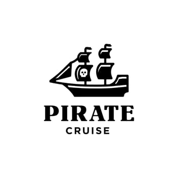 black pirate battle boat ship trendy line illustration logo cartoon with skull on the sail vector