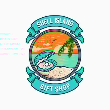 beach illustration logo with shell, pearl, coconut tree, sunset sunrise tropical icon design, in trendy colorful hipster badge vector