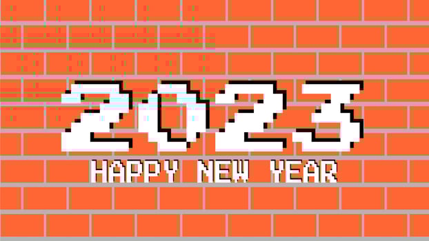 Happy New Year 2023 white text typography  with brick background vector