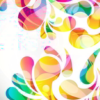 Abstract colorful paisley arc-drop pattern on a white background. Transparent colorful drops and circles design card.  Vector illustration.