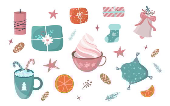 Vector set of holiday icons. Christmas ornaments, candles, gift boxes, candy, christmas toys. Scrapbook collection. Winter greeting card. Trendy objects for cozy winter time