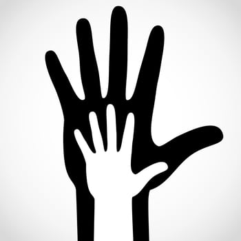 Black color big hand and white small hand vector concept. Help symbol hands vector support emblem. Vector hands icon illustration. Education, health care, medical, design element.