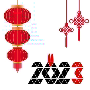 2023 chinese new year, year of the rabbit, date and rabbit ears, chinese lantern, chinese knot of happiness and good luck vector