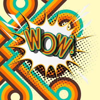 WOW   retro lettering with shadows, halftone pattern on retro poster  background. Vector bright illustration in vintage pop art style.