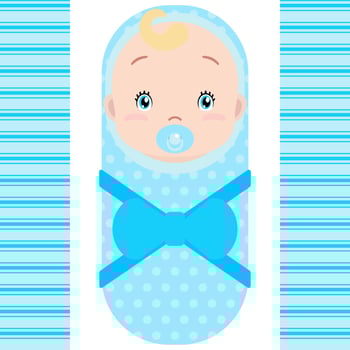 Smiling caucasian baby boy with pacifier isolated on white background. Vector cartoon mascot. Holiday illustration to Birthday, Baby Shower.