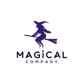 beauty witch logo icon vector with broom stick flying illustration
