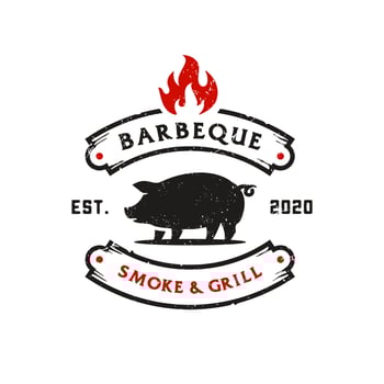 Grill Barbeque invitation party barbecue bbq with pig pork on fire flame Logo design vintage hispter vector