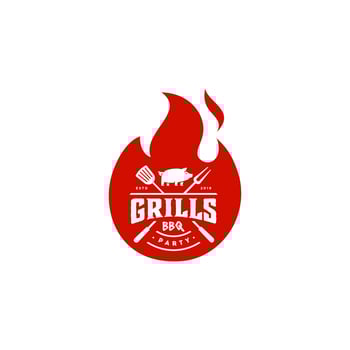 Grill Barbeque invitation party barbecue bbq with pig pork on fire flame Logo design vintage hispter vector