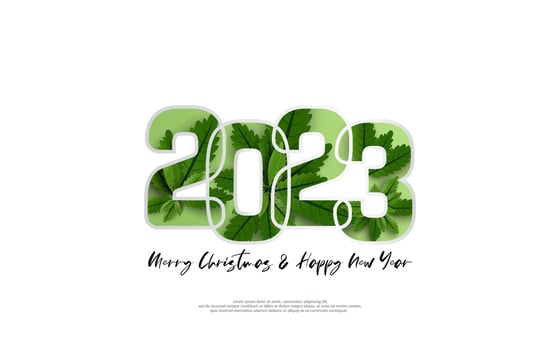 Happy New Year 2023 and merry christmas day. Design green leaves inside number on white background. vector