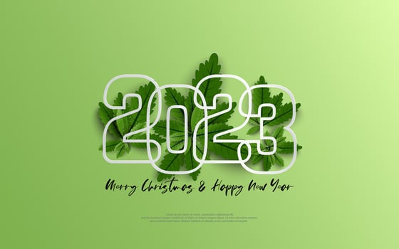 Happy New Year 2023 and merry christmas day. Design number outline on group of green leaves on green gradient background. vector