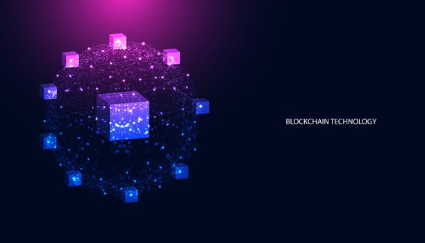 Digital square abstract and digital circuit, circle, hi-tech, blockchain, technology, cryptocurrency, decentralized on blue background, modern, futuristic. vector