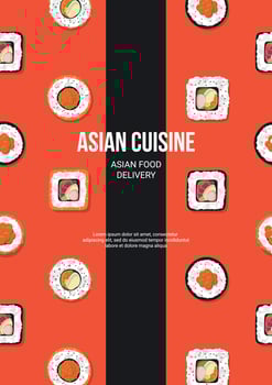 Flyer design with seamless pattern with rolls. Japanese Asian food, menu. Vector illustration. Banner, promo, advertising.