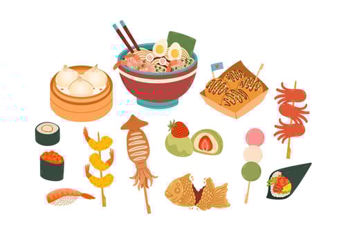 Set of Japanese Food Vector for stickers, postcards, notebook. japanese cafe, bar, restaurant