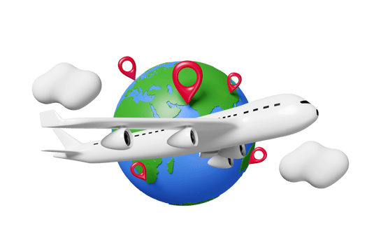 Travel world map with passenger plane, pin, cloud isolated. air cargo trucking, travel around the world concept, 3d illustration or 3d render png