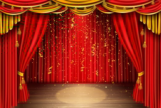 Empty stage with red curtain and falling confetti vector