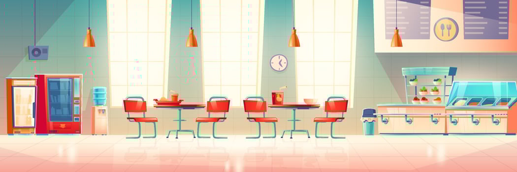 School cafe, university canteen, empty dining room vector