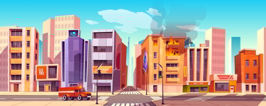 Fire truck riding at street to burning building vector