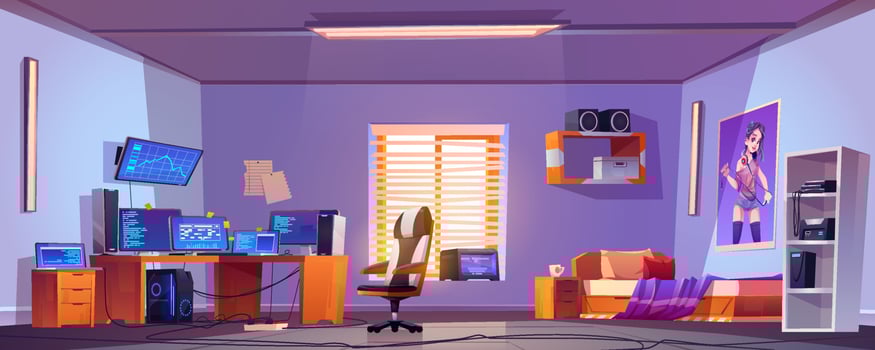 Teenager boy bedroom interior, computers on desk vector