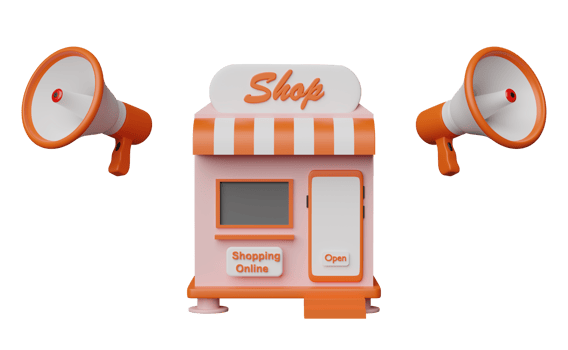 3d shop, store front with megaphone or hand speaker isolated. online marketing shopping, promotion news for social media networks concept, 3d render illustration png