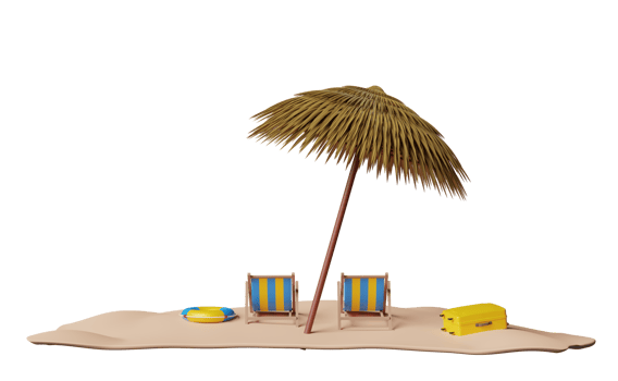 summer travel with yellow suitcase, umbrella, lifebuoy, beach chair, seaside isolated. concept 3d illustration or 3d render png