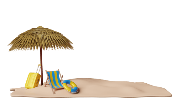 summer travel with suitcase, umbrella, lifebuoy, beach chair, seaside isolated. concept 3d illustration or 3d render png