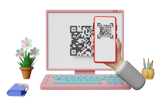3d computer monitor with hand holding mobile phone, smartphone, qr code scanning isolated. franchise business or online shopping, cashless payment concept, 3d render illustration png
