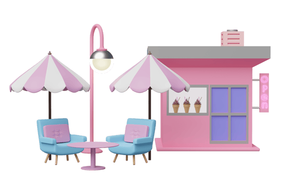 3d shop store cafe with ice cream showcases or fridge, coffee table, umbrella, sofa chair isolated. 3d render illustration png