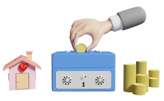businessman hands holding coin with piggy bank or safe box, house, gold coins pile isolated. saving money concept, 3d illustration,3 d render png