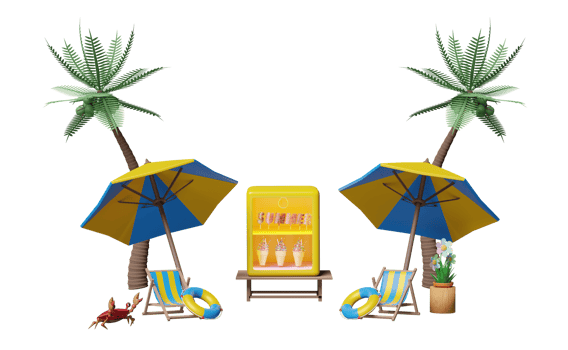 shop store cafe with ice cream showcases or fridge, crab, umbrella, palm tree, lifebuoy, beach chair, umbrella isolated. summer travel concept, 3d illustration or 3d render png